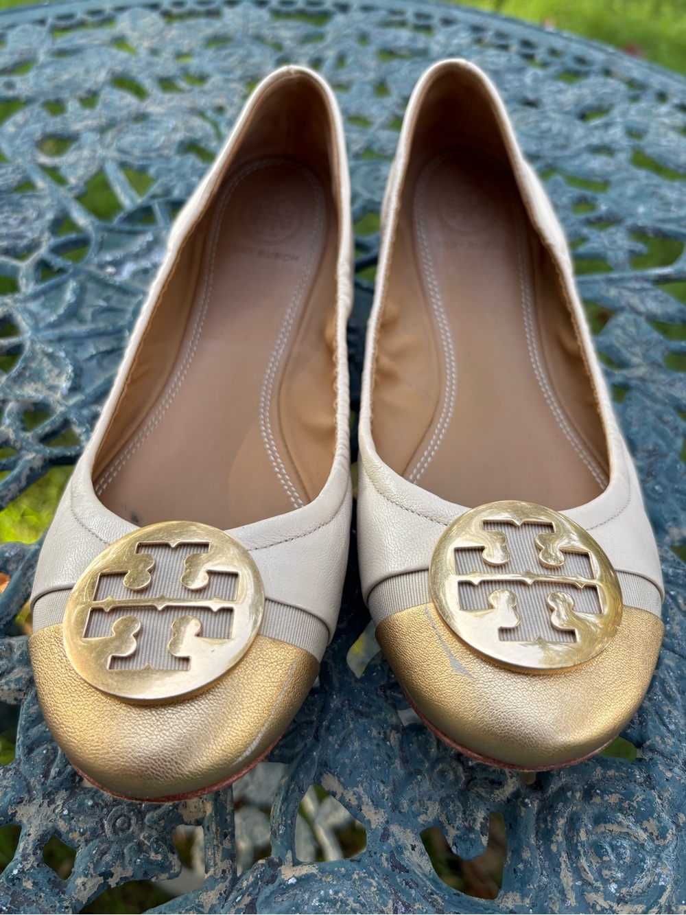 Tory Burch Cream Leather Ballet Flats with Gold Toe Caps